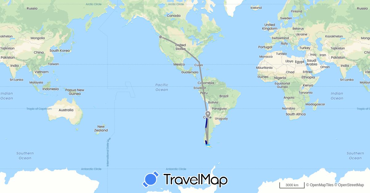 TravelMap itinerary: driving, plane, boat in Chile, United States (North America, South America)